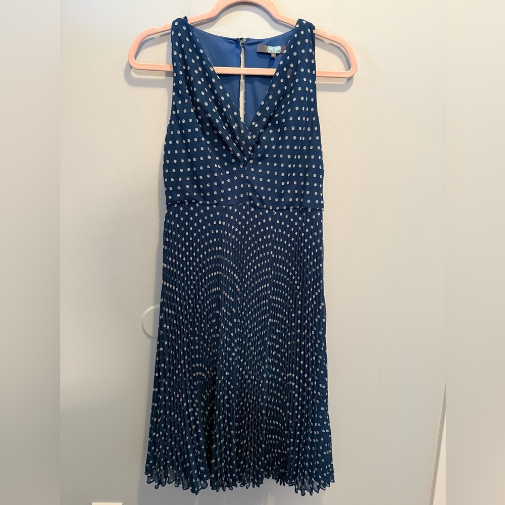 Eva Franco Navy Pleated Cocktail Dress with White Dots 6 Petite